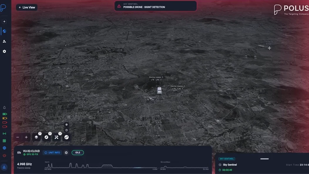 The Polus console in live view, flagging a possible drone from a SIGINT detection over the map.