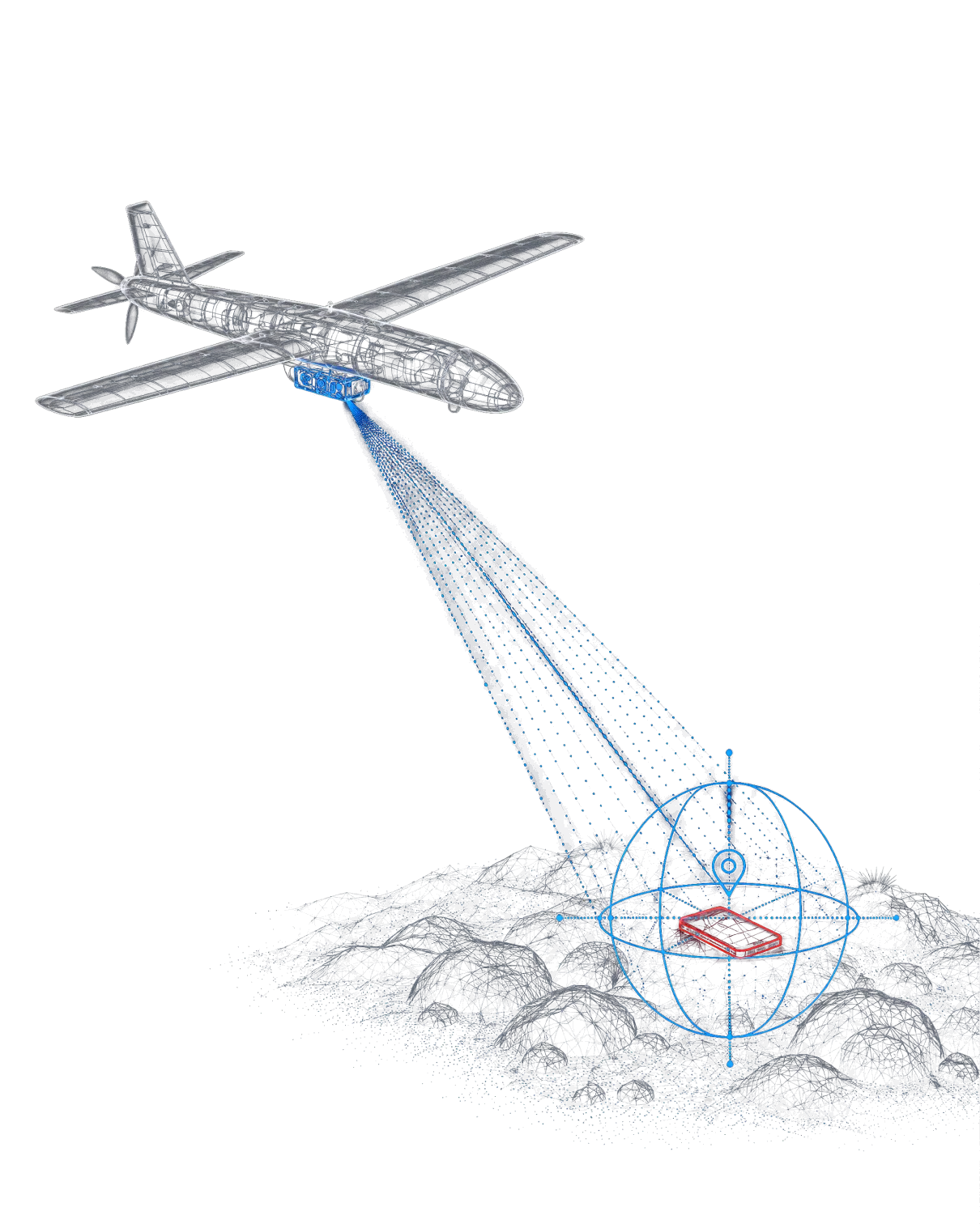 A UAV casting a beam of signal lines onto rough ground, where a sphere locks onto a single phone.