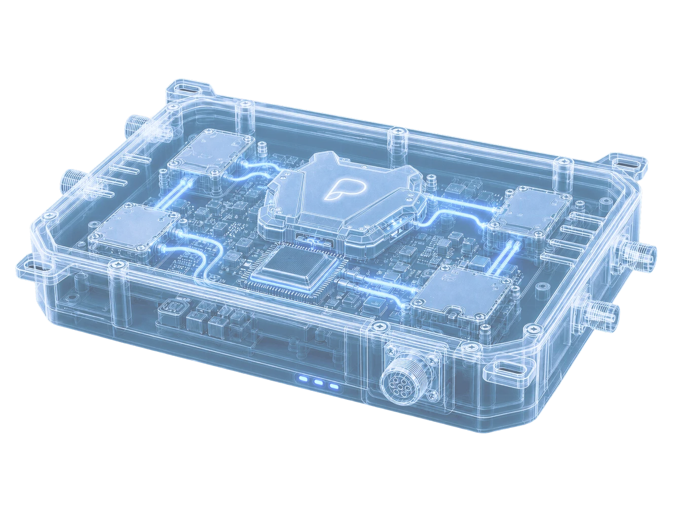 The Polus sensor unit, its housing rendered transparent over the RF boards inside