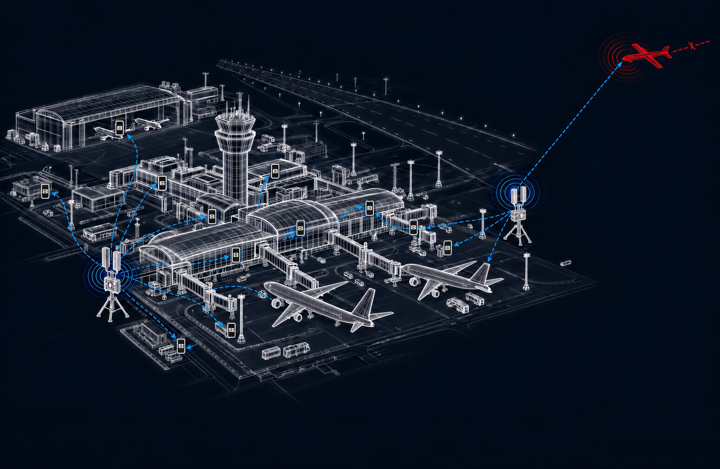 An airport at night with two Polus sensors reading the phones across the terminal, the apron and the hangars, and tracking a drone flagged red as it approaches.