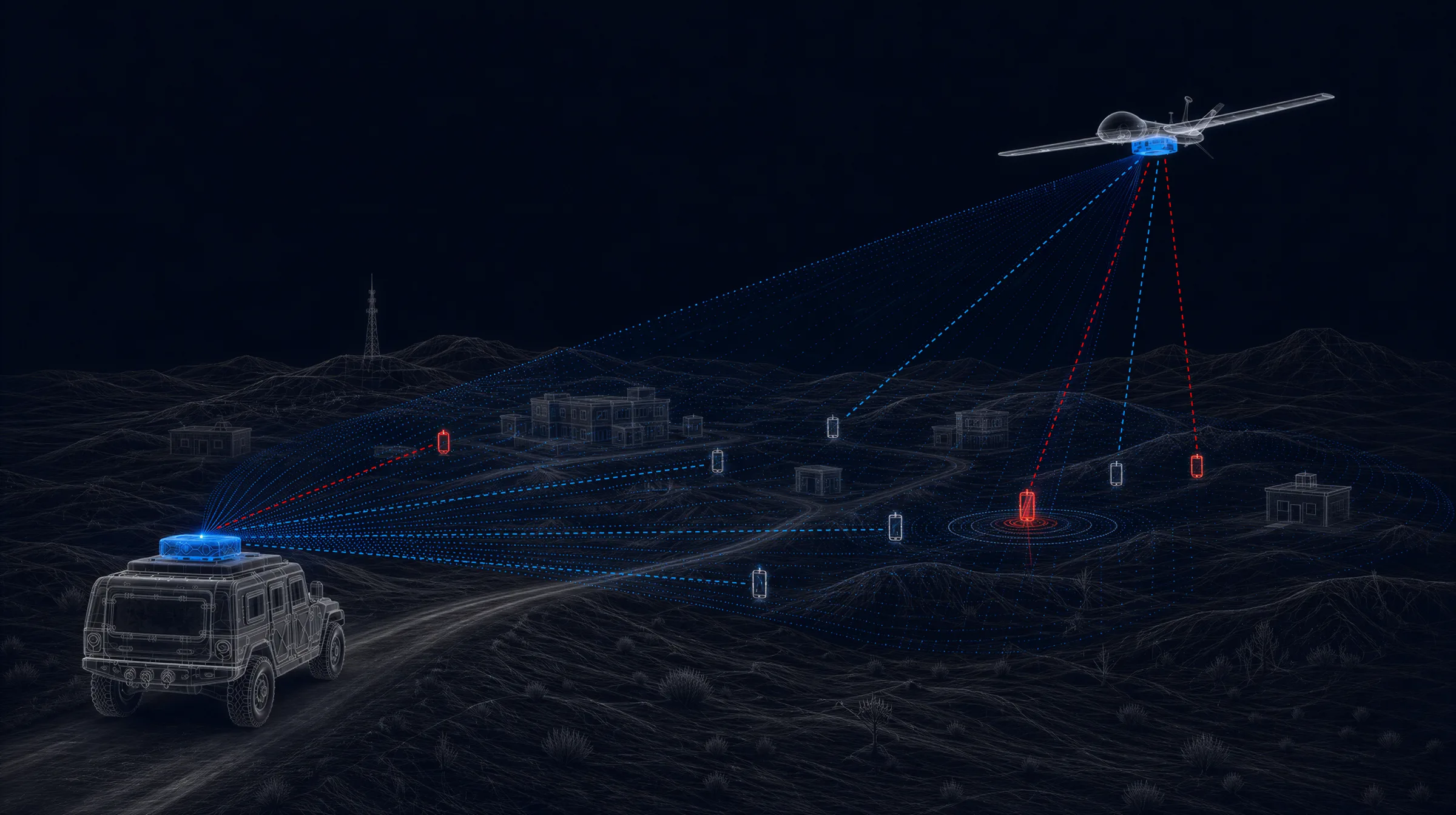 An armored vehicle with a Polus sensor on its roof and a UAV overhead, both reading emitting phones across open terrain; three are flagged red and one is ringed as the selected target.