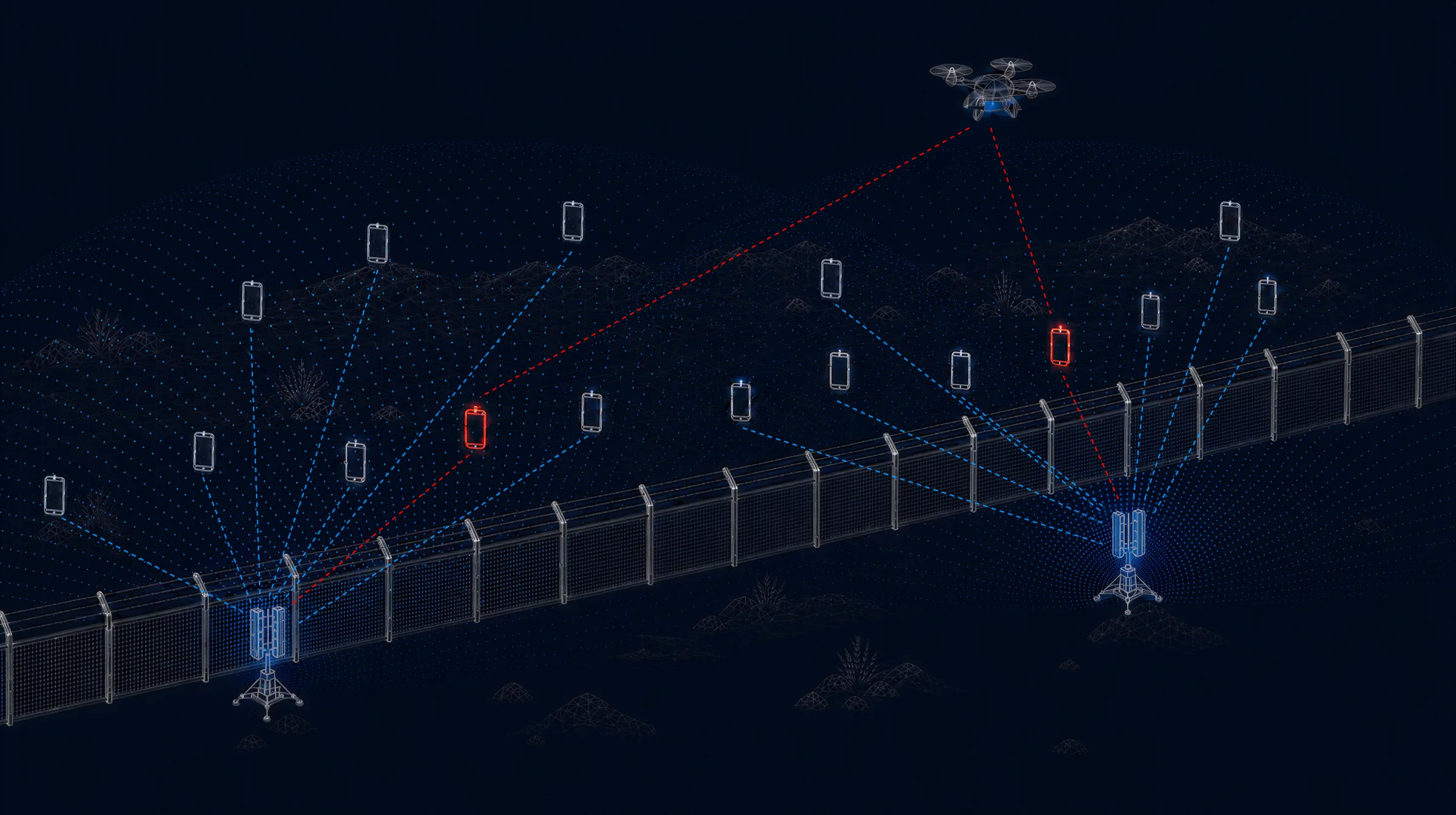 A border fence at night with two Polus sensors mapping emitting phones on the far side, two of them flagged red, and a drone tracking one as it approaches.