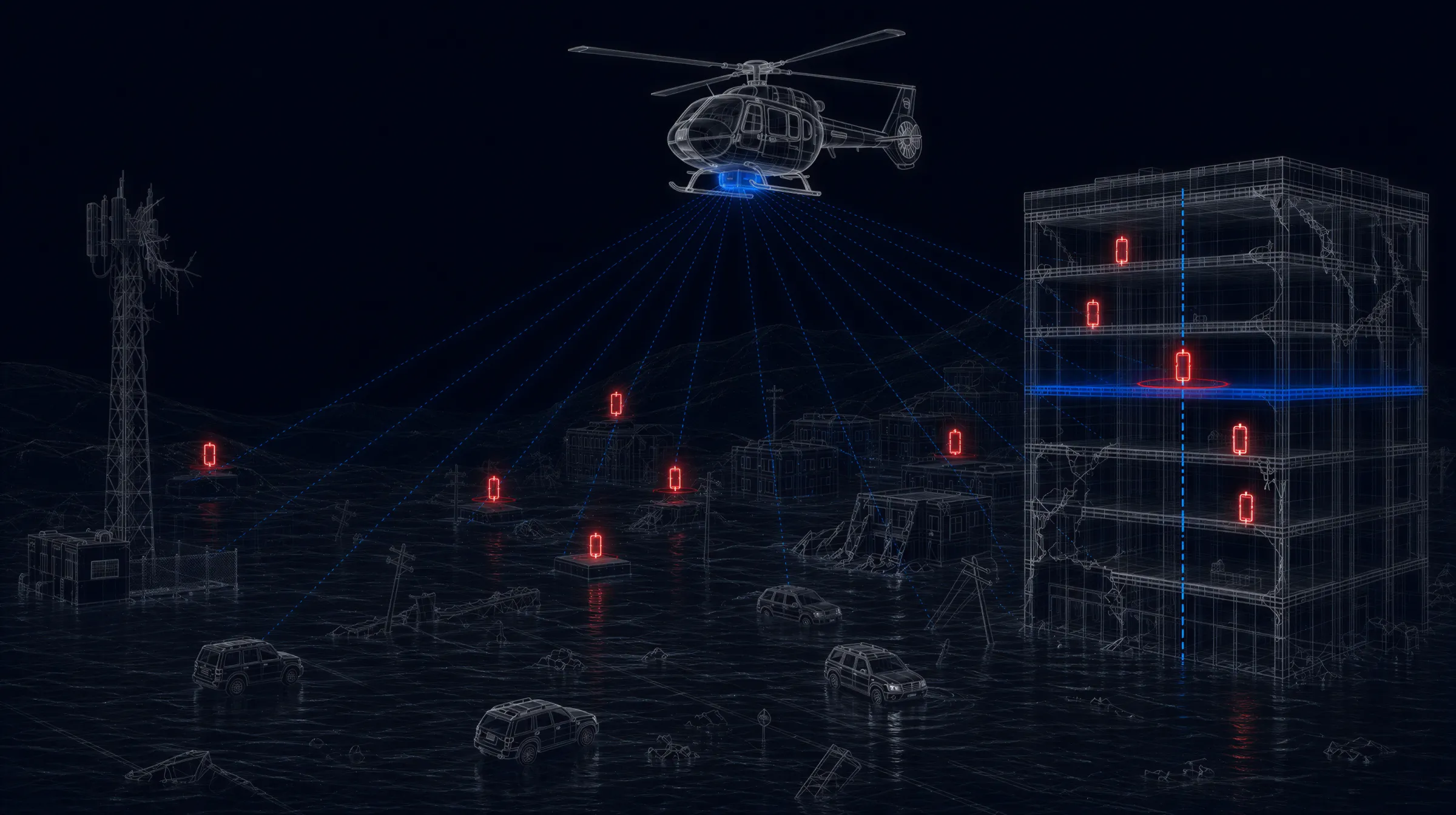 A flooded town at night with a helicopter carrying a Polus sensor over it, reading the phones in the water and in a damaged building, where one is fixed to a single floor.